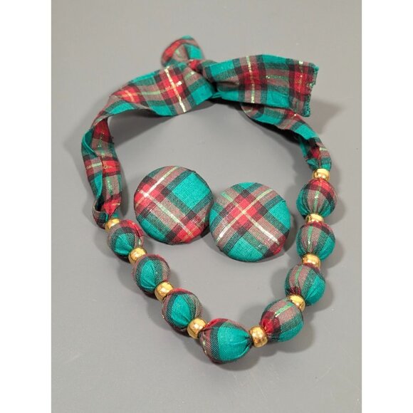 VTG Christmas Green Red Plaid Ribbon Tie Necklace Earring Set 26 in Pierced - Picture 1 of 7